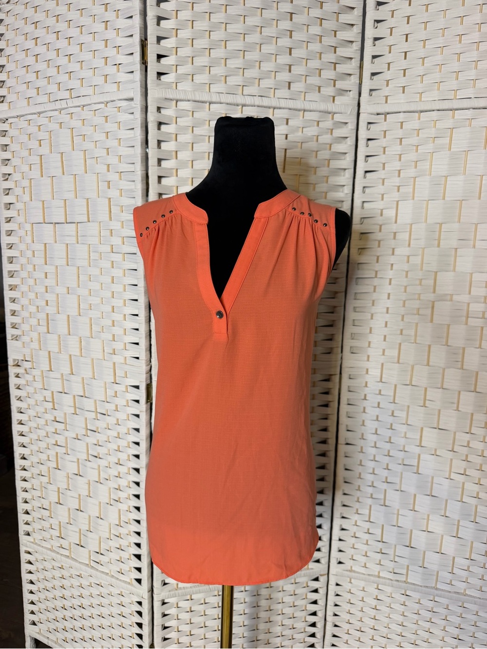 Sleeveless Coral V-Neck Blouse with Shoulder Studs